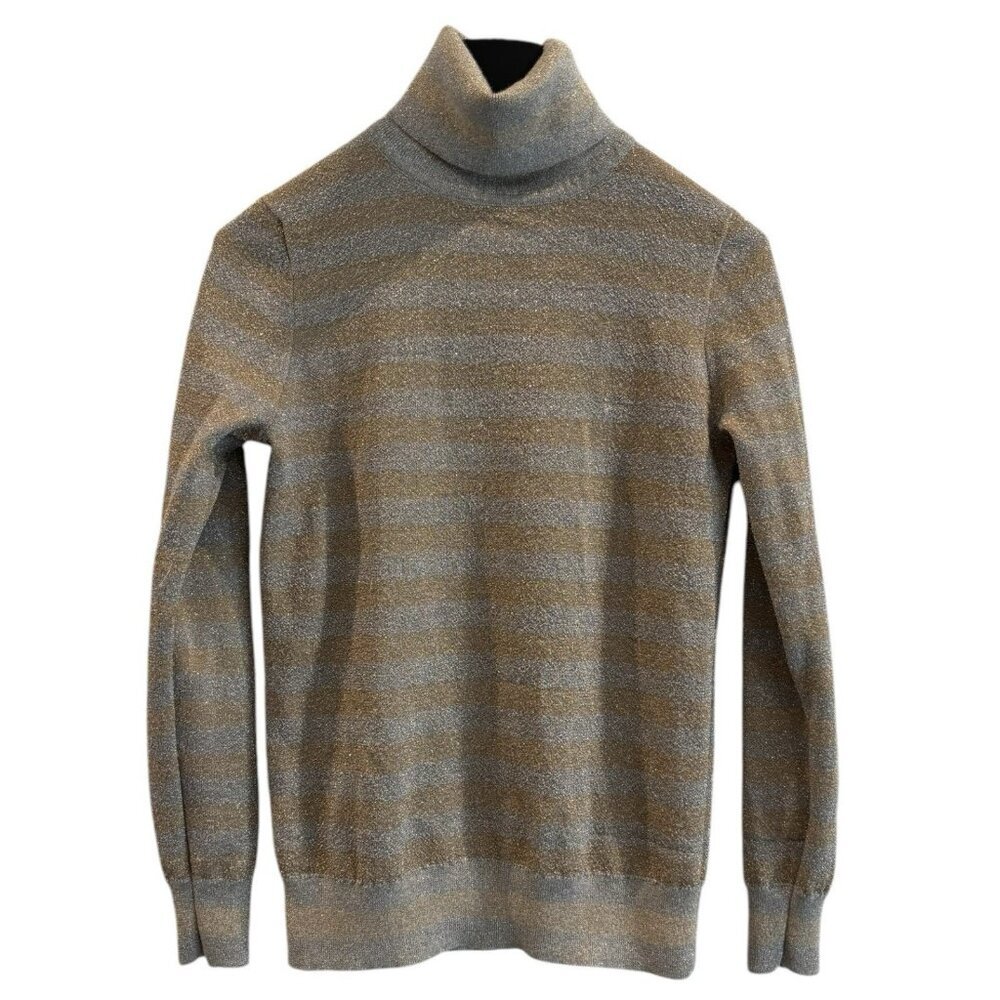 J Crew Pullover Sweater Silver Gold Metallic Striped Turtleneck Womens Size S‎